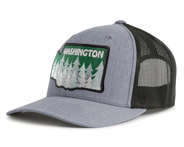 Gray and black trucker hat with Washington forest patch and mesh back panel