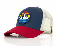 Trucker hat with a mountain design on a white background