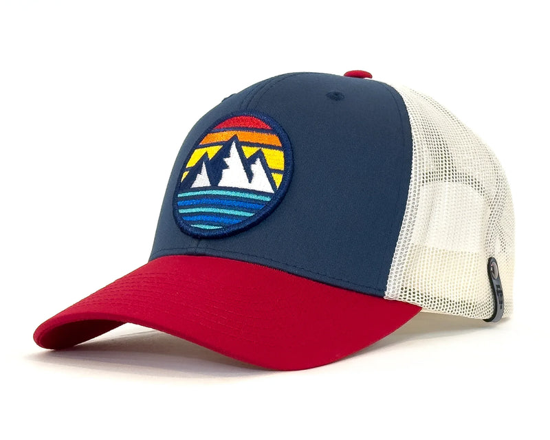 Trucker hat with a colorful logo on a white background
