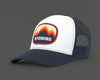 White and navy trucker hat with Wyoming logo on a white background