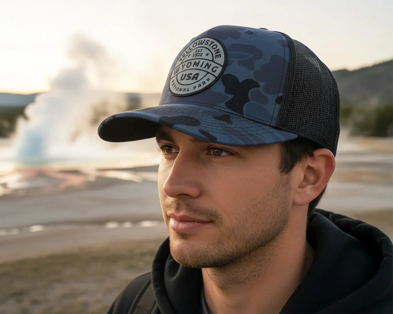 YELLOWSTONE 5-Panel Curved Camo Hat, Richardson 112 Navy