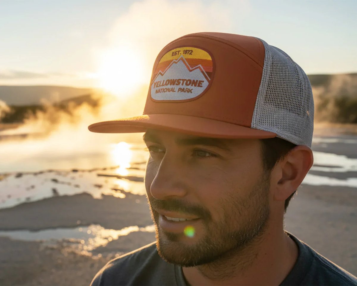 YELLOWSTONE MTN 7 - Panel Flat Bill Trucker, Richardson 168 Orange - Tailgate Hats