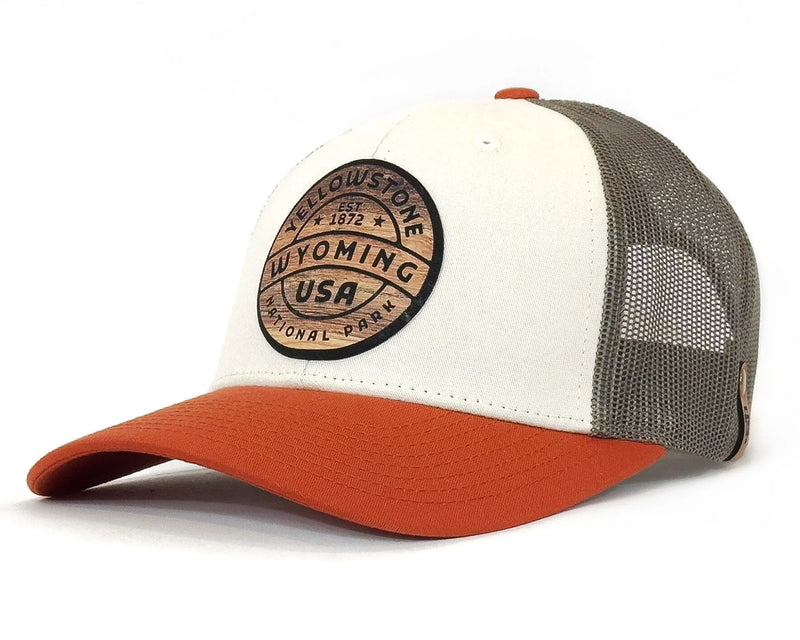 Trucker hat with 'Yellowstone Wyoming USA' logo on a white background
