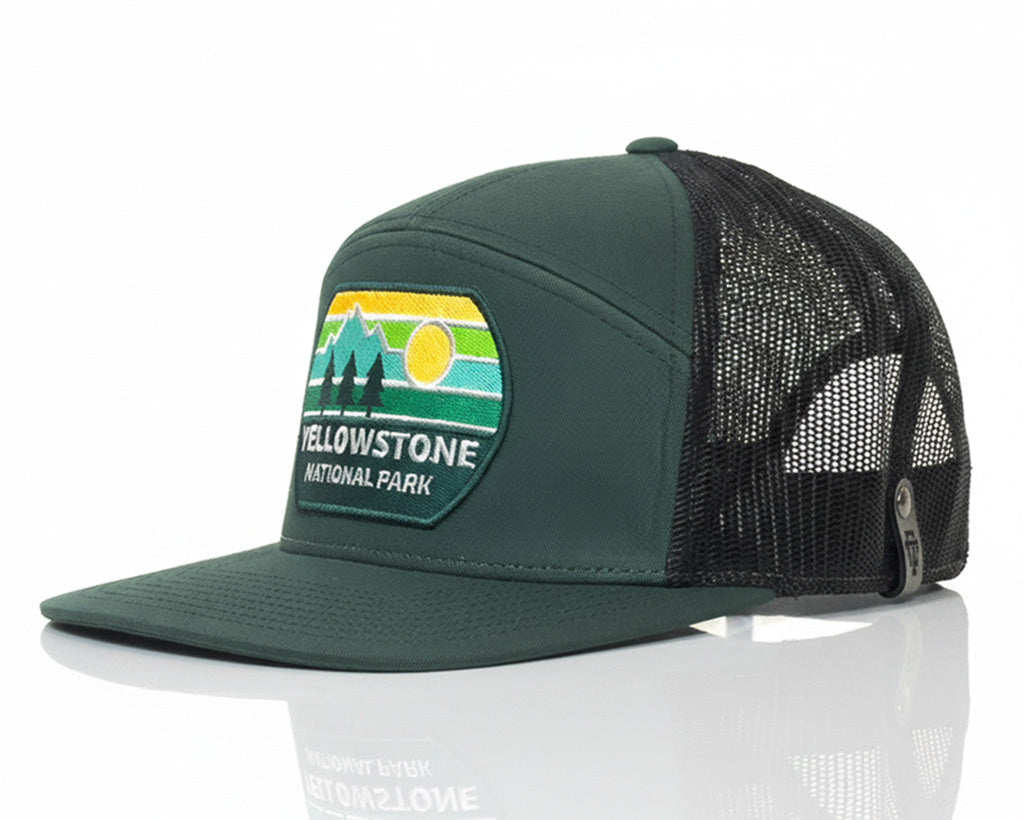 Green Yellowstone National Park cap with a patch on a white background