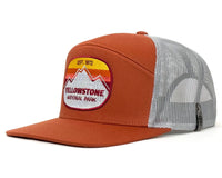 Orange and gray cap with Yellowstone National Park patch on a white background