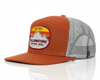 Orange and gray cap with Yellowstone National Park patch on a white background