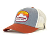 Yellowstone National Park cap with gray front, red bill, and white mesh back on a white background
