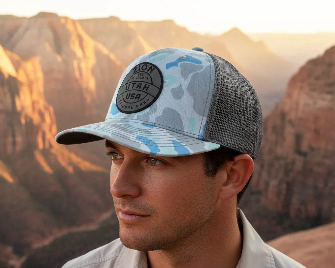 ZION 5-Panel Curved Camo Hat, Richardson 112 Grey
