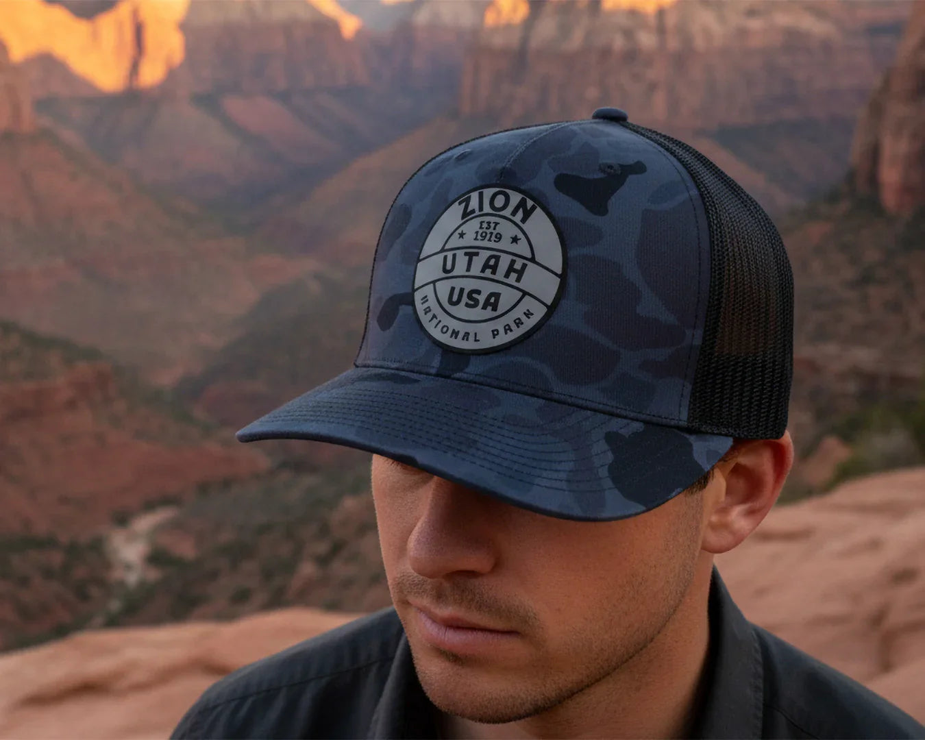 ZION 5-Panel Curved Camo Hat, Richardson 112 Navy