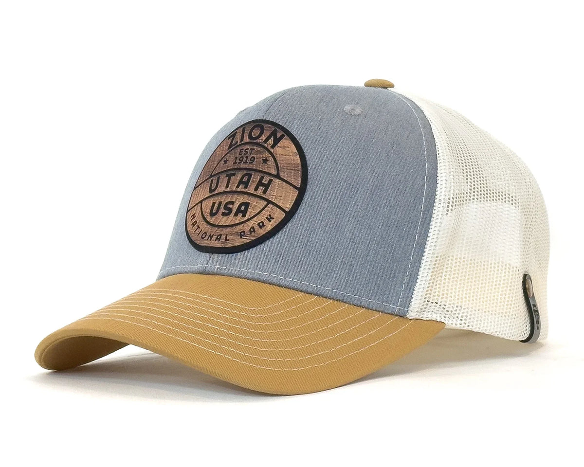 Trucker hat with 'Zion Utah USA' logo on a white background