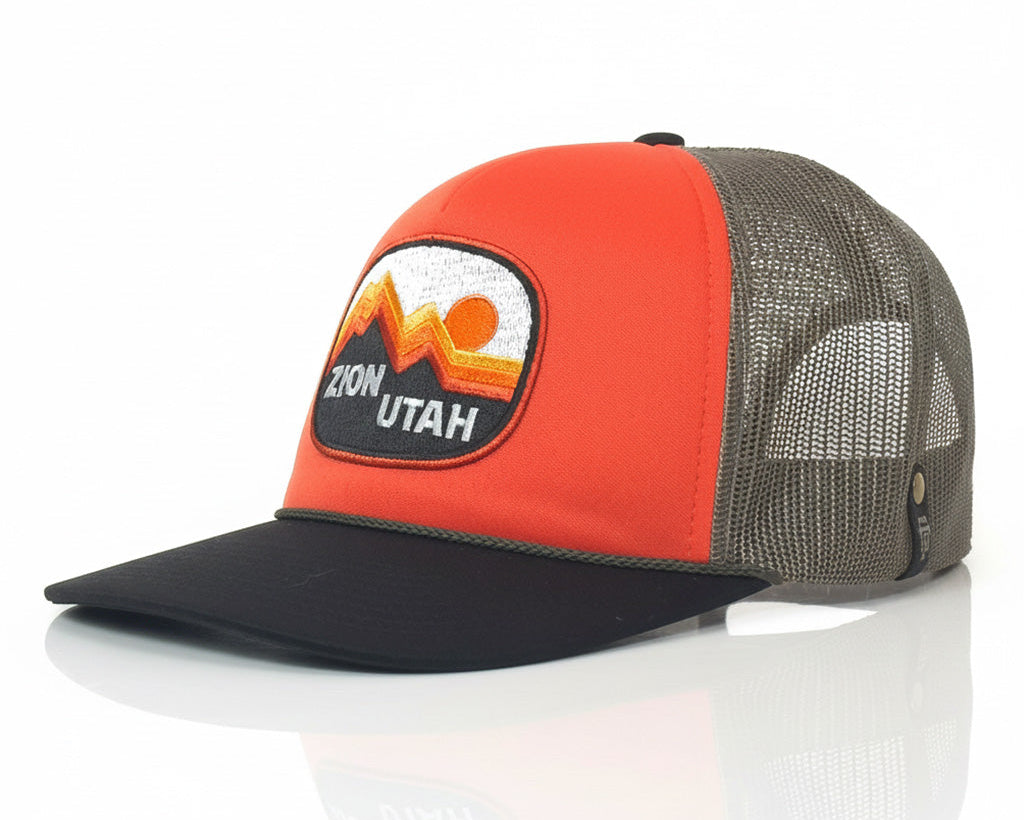 Trucker hat with Zion Utah patch on a white background