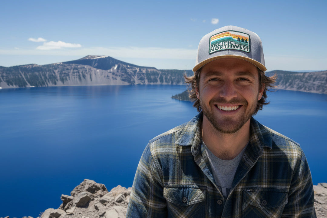 Man wearing a cap with 'Northwest' logo in front of a scenic lake and mountains.
