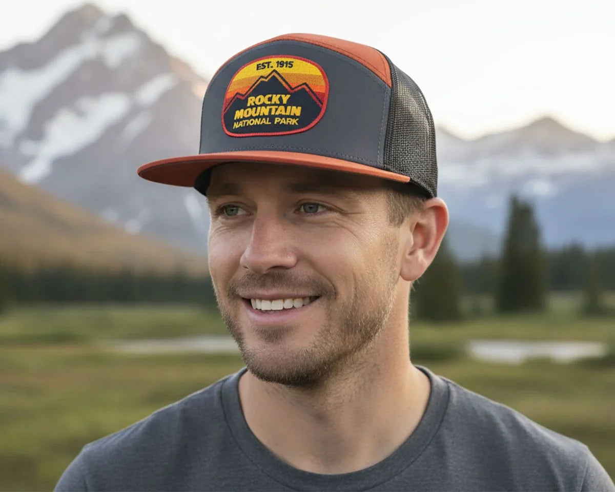 ROCKY MTN 7 - Panel Flat Bill Trucker, Richardson 168 Orange Black - Tailgate Hats