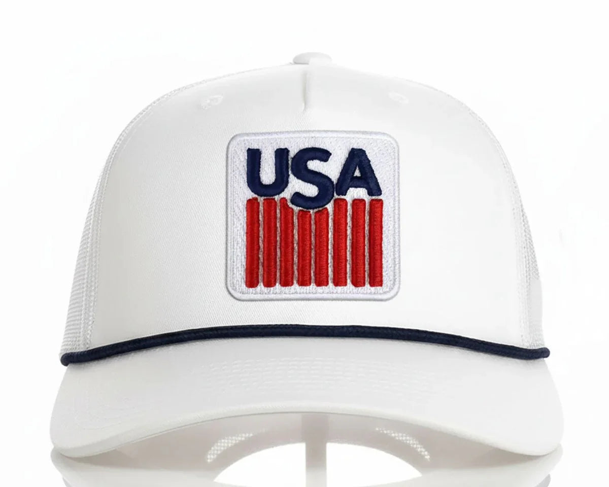 USA BADGE 5 - Panel Curved Rope Hat, Richardson 112 White - Tailgate Hats
