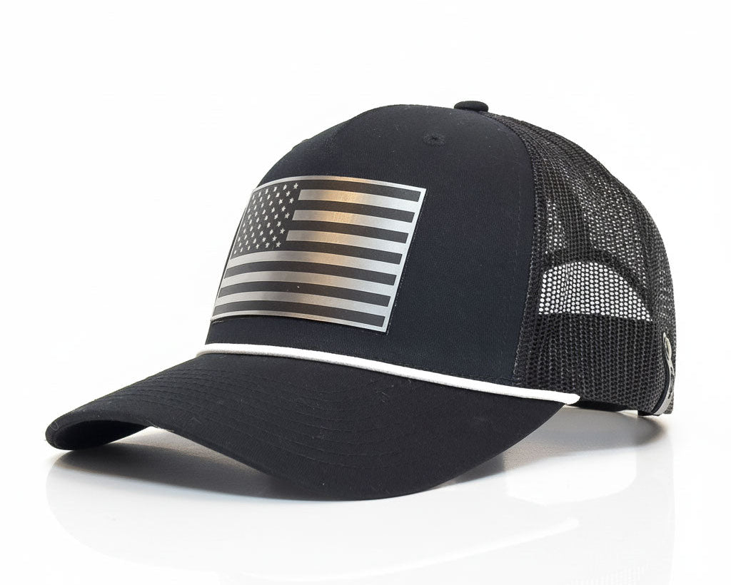 USA CHROME FLAG 5 - Panel Curved Rope Hat, Richardson 112 Black - Tailgate Hats